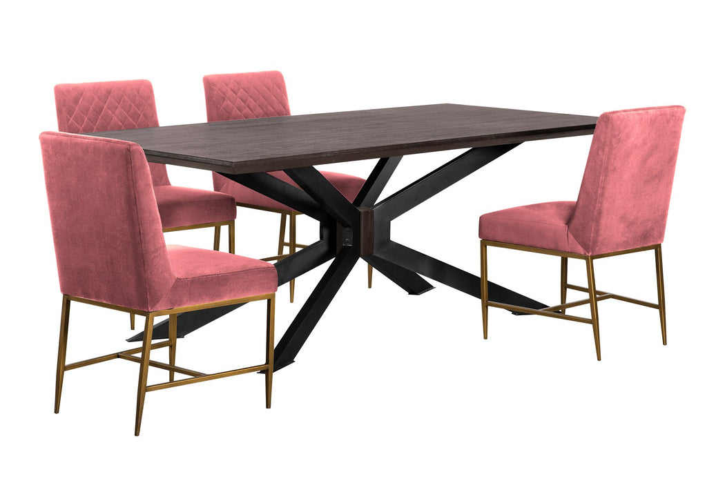 Pirate and Memphis 5 Piece Modern Dining Set in Brown Acacia Wood and Pink Velvet Fabric