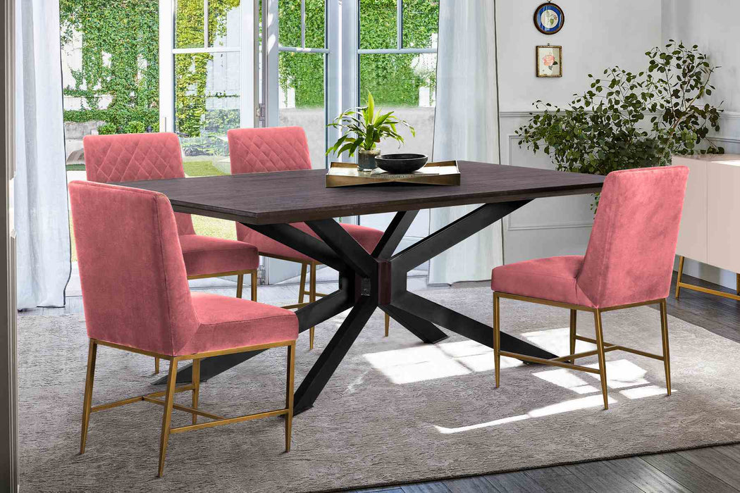Pirate and Memphis 5 Piece Modern Dining Set in Brown Acacia Wood and Pink Velvet Fabric