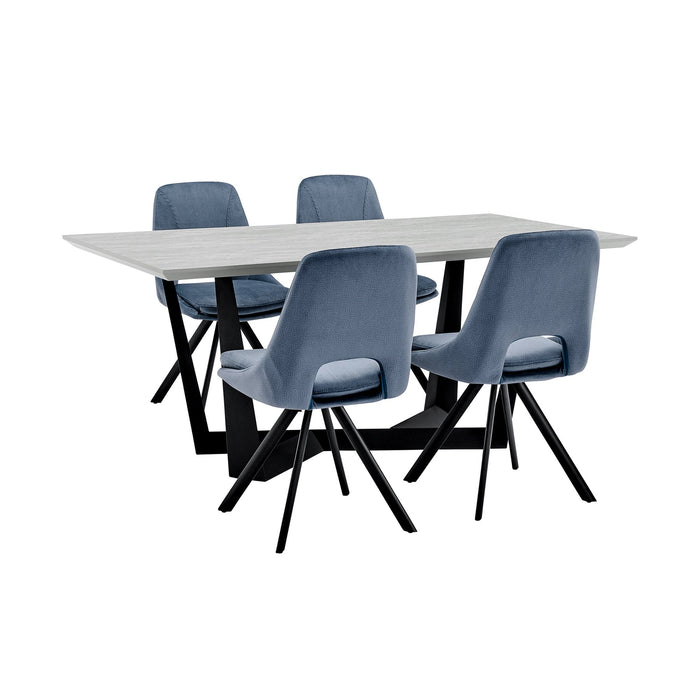 Radford and Lexi 5 Piece Modern Rectangular Dining Set in Light Gray Melamine Wood and Blue Fabric