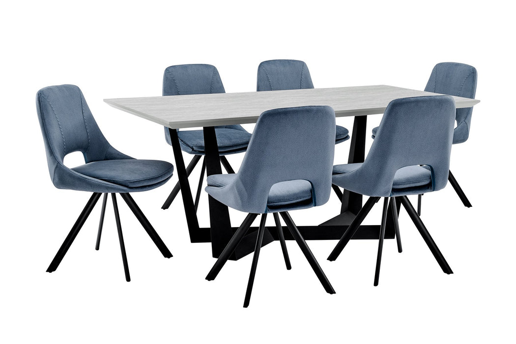 Radford and Lexi 7 Piece Modern Rectangular Dining Set in Light Gray Melamine Wood and Blue