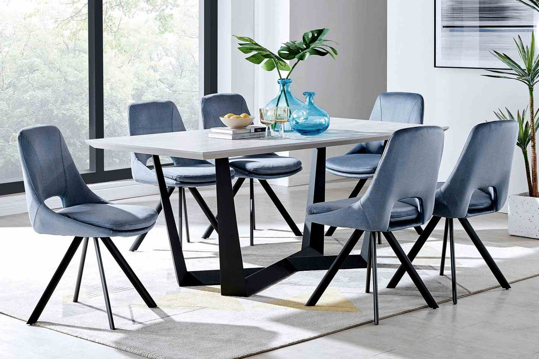 Radford and Lexi 7 Piece Modern Rectangular Dining Set in Light Gray Melamine Wood and Blue
