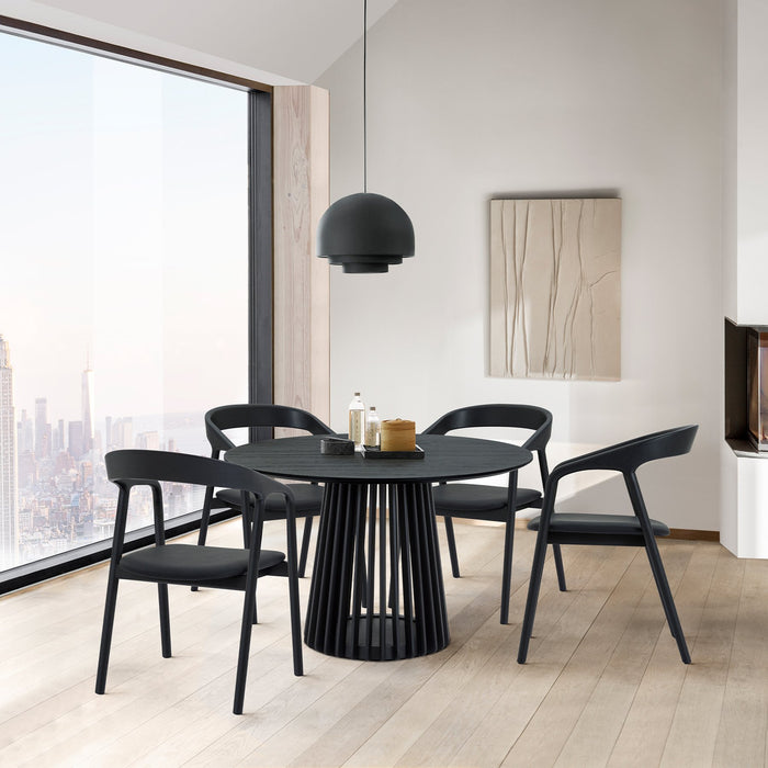 Pasadena Apache 5 Piece Round Dining Set in Black Oak Finish with Black Faux Leather