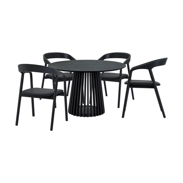Pasadena Apache 5 Piece Round Dining Set in Black Oak Finish with Black Faux Leather
