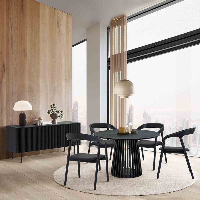 Pasadena Apache 6 Piece Round Dining Set with Buffet in Black Oak Finish with Faux Leather