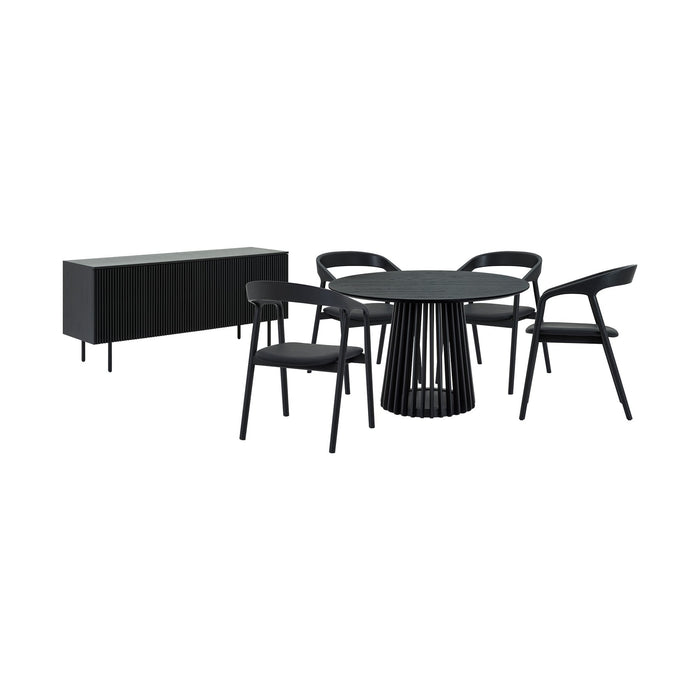 Pasadena Apache 6 Piece Round Dining Set with Buffet in Black Oak Finish with Faux Leather