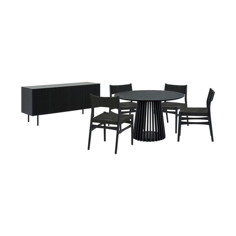 Pasadena Erie 6 Piece Round Dining Set with Buffet in Black Oak Finish with Paper Cord Chairs - Furniture City (CA)l