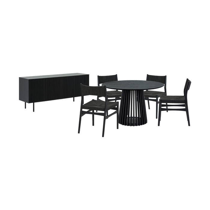 Pasadena Erie 6 Piece Round Dining Set with Buffet in Black Oak Finish with Paper Cord Chairs