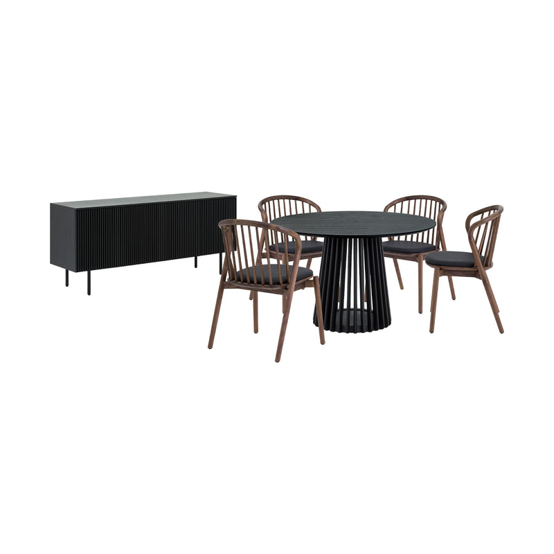 Pasadena Echo 6 Piece Round Dining Set with Buffet in Black Oak Finish and Walnut Finish Chairs - Furniture City (CA)l