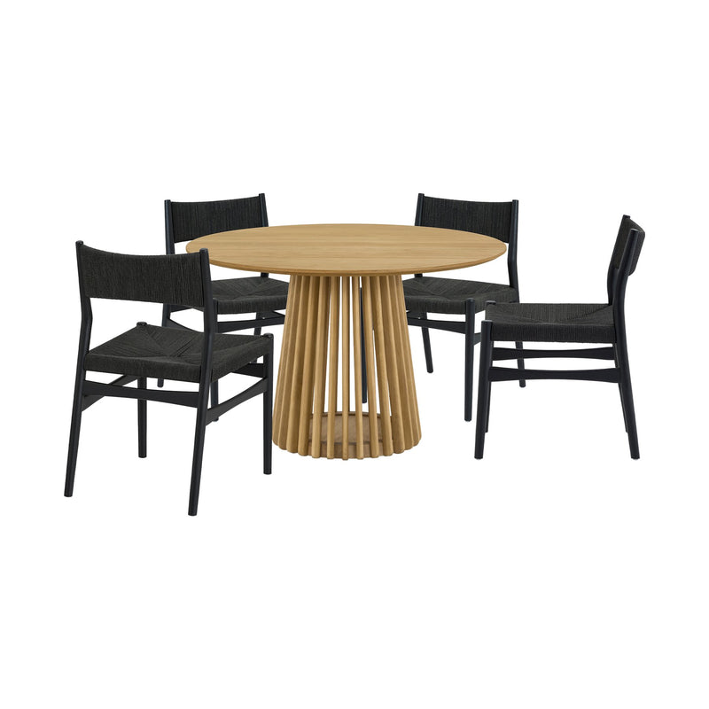 Pasadena Erie 5 Piece Round Dining Set in Natural Oak Finish with Black Paper Cord Chairs - Furniture City (CA)l