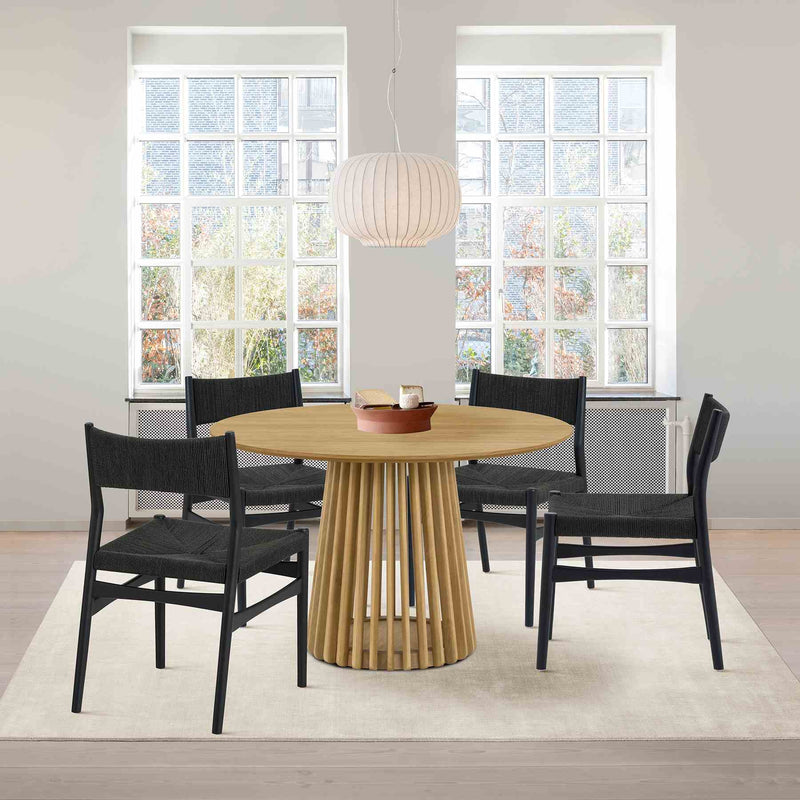 Pasadena Erie 5 Piece Round Dining Set in Natural Oak Finish with Black Paper Cord Chairs - Furniture City (CA)l