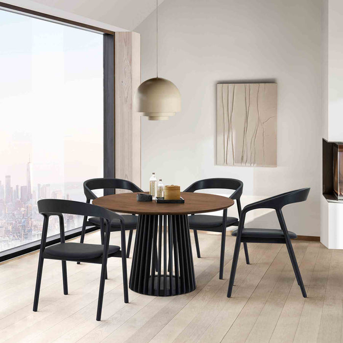 Pasadena Apache 5 Piece Round Dining Set in Walnut and Black Oak Finish with Faux Leather