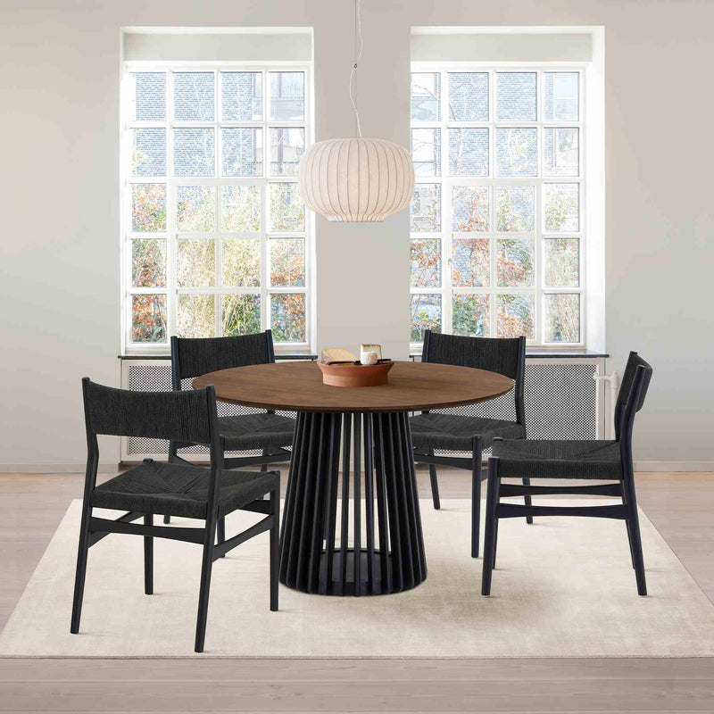 Pasadena Erie 5 Piece Round Dining Set in Walnut and Black Finish with Paper Cord Chairs - Furniture City (CA)l