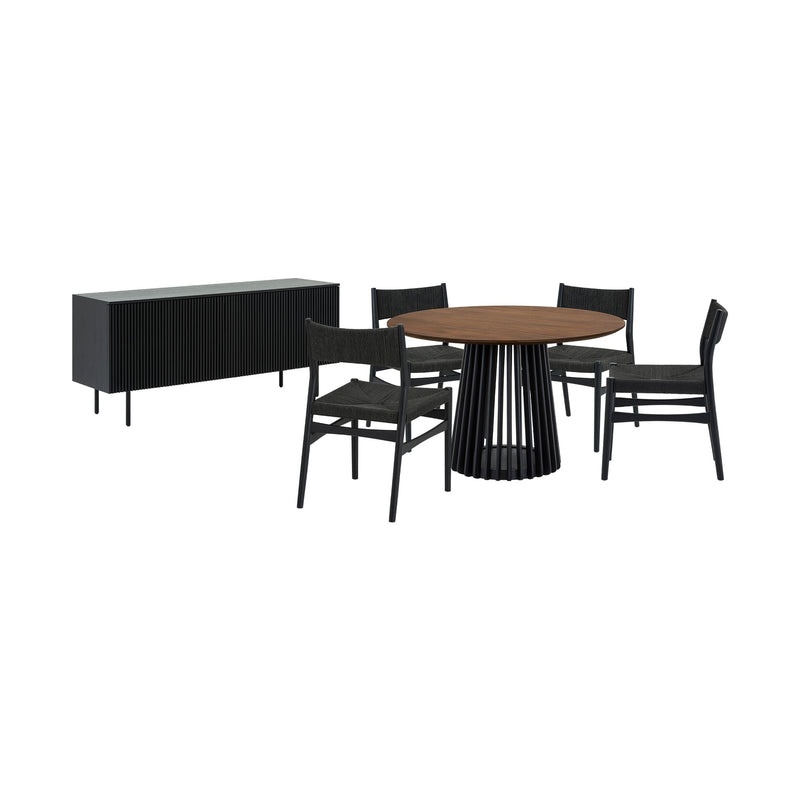 Pasadena Erie 6 Piece Round Dining Set with Buffet and Paper Cord Chairs in Black Finish with Walnut Finish Table Top - Furniture City (CA)l