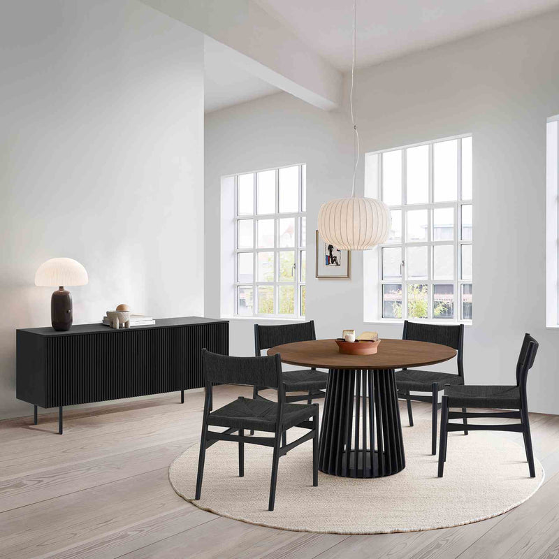Pasadena Erie 6 Piece Round Dining Set with Buffet and Paper Cord Chairs in Black Finish with Walnut Finish Table Top - Furniture City (CA)l