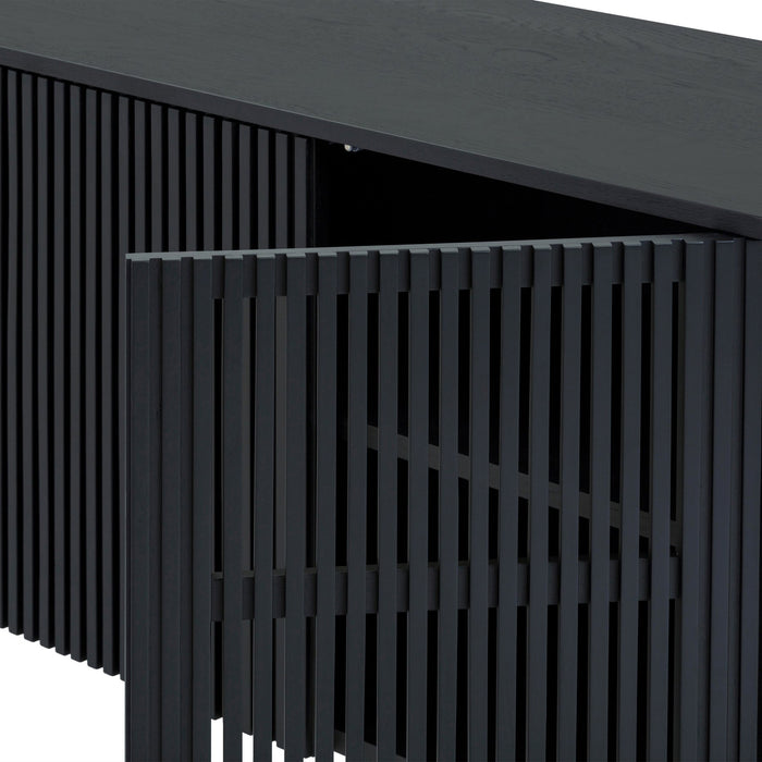 Pasadena Erie 6 Piece Round Dining Set with Buffet and Paper Cord Chairs in Black Finish with Walnut Finish Table Top