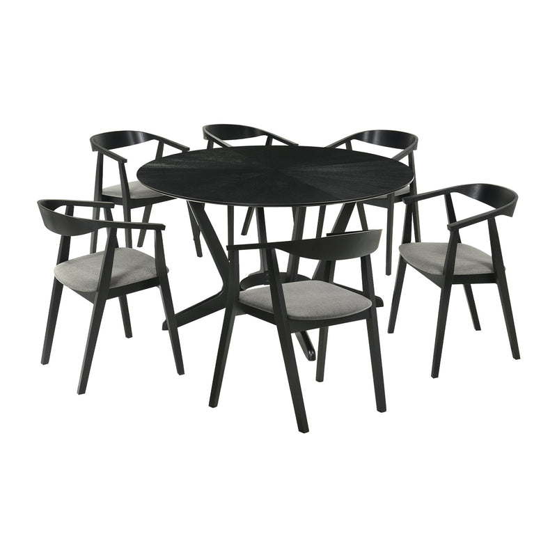 Santana 7 Piece Round Black Wood Dining Table Set with Charcoal Fabric - Furniture City (CA)l