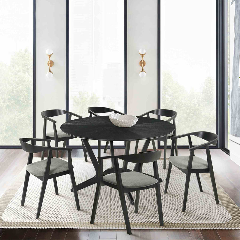 Santana 7 Piece Round Black Wood Dining Table Set with Charcoal Fabric - Furniture City (CA)l