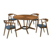 Santana 5 Piece Round Walnut Wood Dining Table Set with Blue Fabric - Furniture City (CA)l