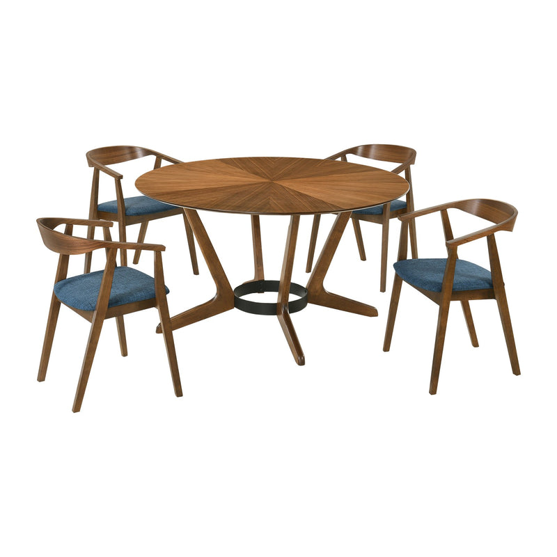 Santana 5 Piece Round Walnut Wood Dining Table Set with Blue Fabric - Furniture City (CA)l