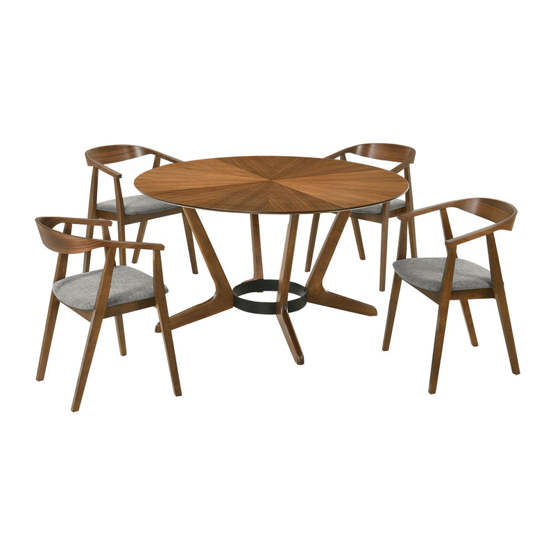 Santana 5 Piece Round Walnut Wood Dining Table Set with Charcoal Fabric - Furniture City (CA)l