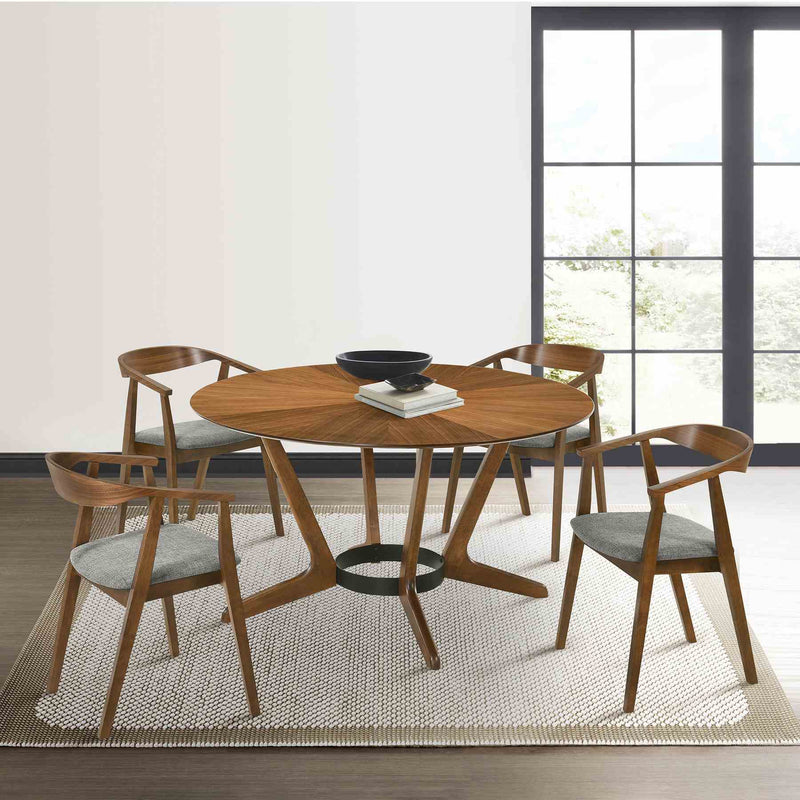 Santana 5 Piece Round Walnut Wood Dining Table Set with Charcoal Fabric - Furniture City (CA)l