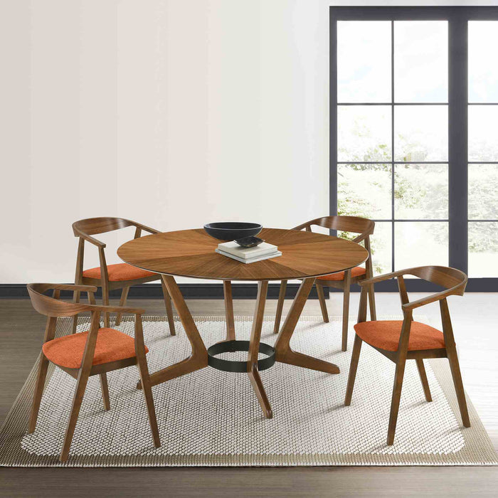 Santana 5 Piece Round Walnut Wood Dining Table Set with Orange Fabric