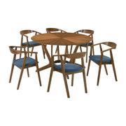 Santana 7 Piece Round Walnut Wood Dining Table Set with Blue Fabric - Furniture City (CA)l
