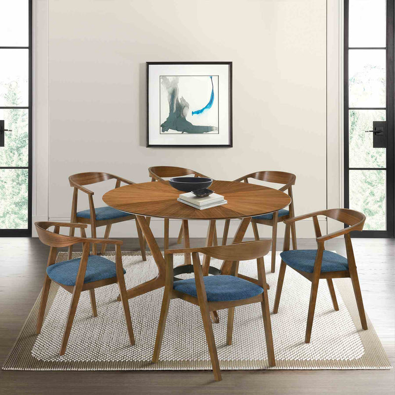 Santana 7 Piece Round Walnut Wood Dining Table Set with Blue Fabric - Furniture City (CA)l