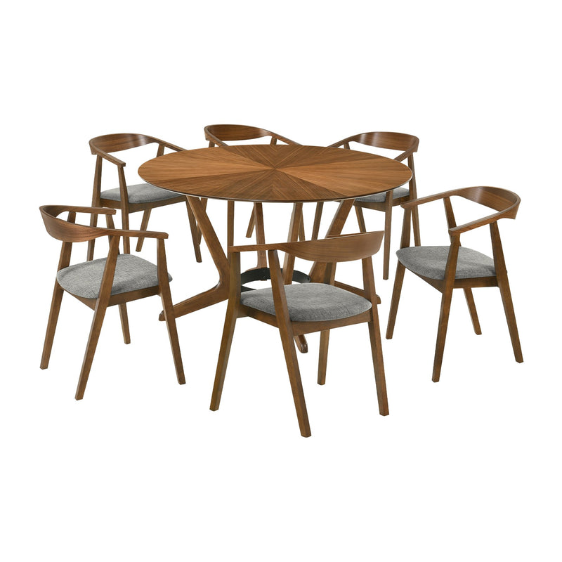 Santana 7 Piece Round Walnut Wood Dining Table Set with Charcoal Fabric - Furniture City (CA)l