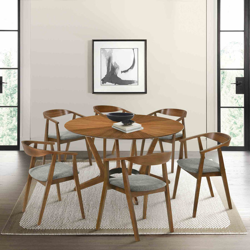 Santana 7 Piece Round Walnut Wood Dining Table Set with Charcoal Fabric - Furniture City (CA)l