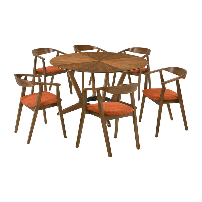Santana 7 Piece Round Walnut Wood Dining Table Set with Orange Fabric - Furniture City (CA)l