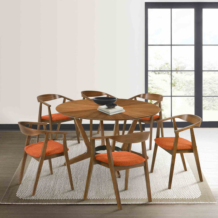 Santana 7 Piece Round Walnut Wood Dining Table Set with Orange Fabric