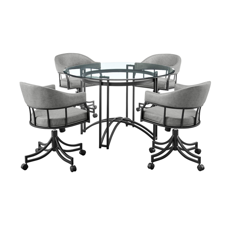 Tibet 5 Piece Dining Set with Round Glass Tabletop and Faux Leather Rolling Chairs - Furniture City (CA)l