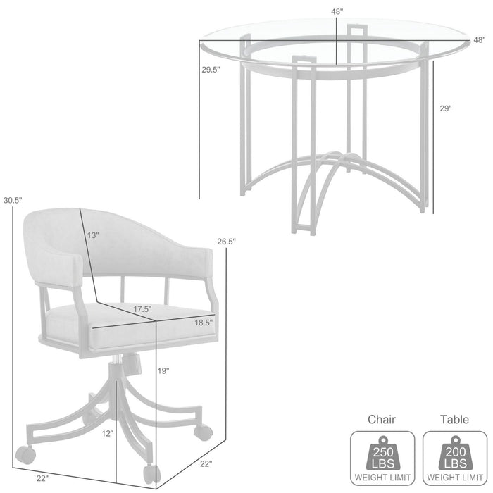 Tibet 5 Piece Dining Set with Round Glass Tabletop and Faux Leather Rolling Chairs