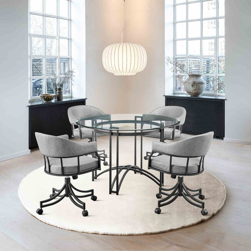 Tibet 5 Piece Dining Set with Round Glass Tabletop and Faux Leather Rolling Chairs - Furniture City (CA)l