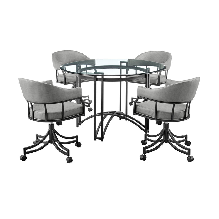 Tibet 5 Piece Dining Set with Round Glass Tabletop and Faux Leather Rolling Chairs