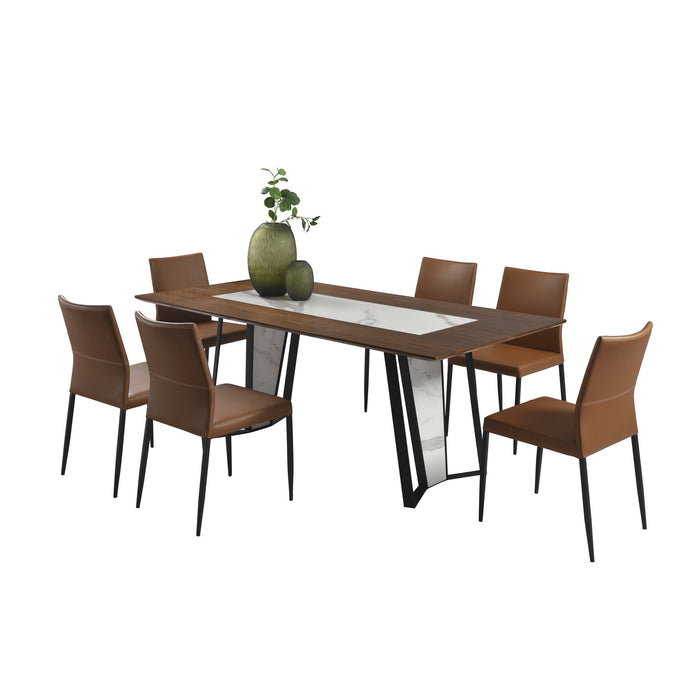 Tanya Contemporary 7-Piece Dining Set with Sintered Stone and Walnut-Finished Tabletop