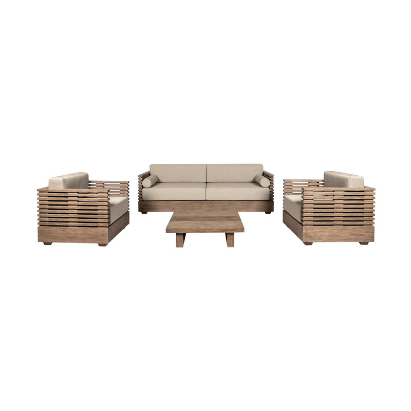 Vivid Outdoor Patio 4 Piece Conversation Set in Light Eucalyptus Wood with Taupe Olefin Cushions - Furniture City (CA)l