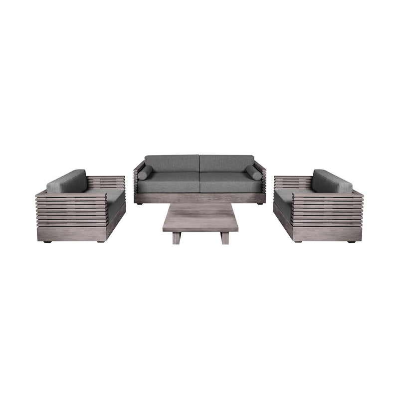 Vivid Outdoor Patio 4 Piece Conversation Set in Gray Eucalyptus Wood with Gray Olefin Cushions - Furniture City (CA)l