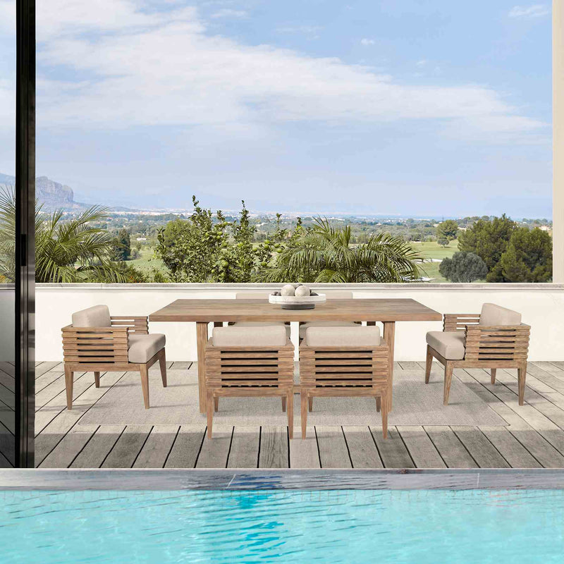Vivid Outdoor Patio 7 Piece Dining Set in Light Eucalyptus Wood with Taupe Olefin Cushions - Furniture City (CA)l