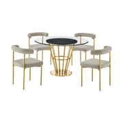 Veronica Shannon 5 Piece Round Glass Dining Table Set with Gold Brushed Stainless Steel and Taupe Fabric - Furniture City (CA)l