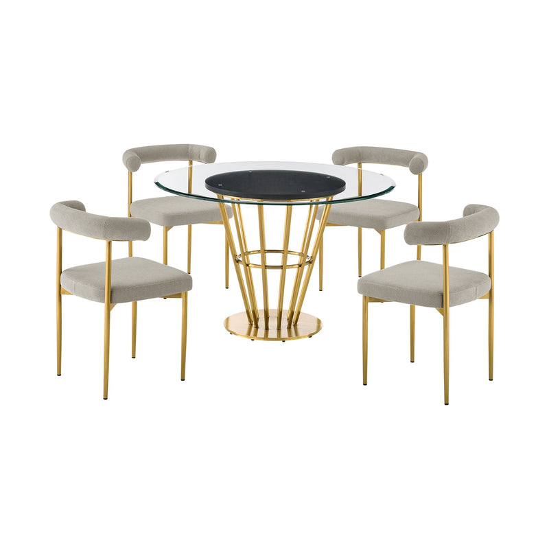 Veronica Shannon 5 Piece Round Glass Dining Table Set with Gold Brushed Stainless Steel and Taupe Fabric - Furniture City (CA)l
