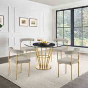 Veronica Shannon 5 Piece Round Glass Dining Table Set with Gold Brushed Stainless Steel and Taupe Fabric - Furniture City (CA)l