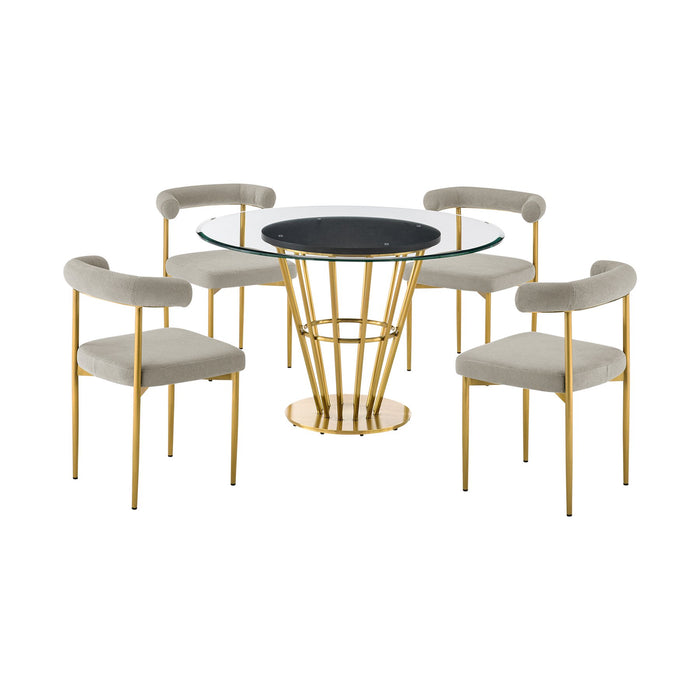 Veronica Shannon 5 Piece Round Glass Dining Table Set with Gold Brushed Stainless Steel and Taupe Fabric