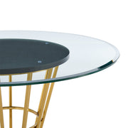 Veronica Shannon 5 Piece Round Glass Dining Table Set with Gold Brushed Stainless Steel and Taupe Fabric - Furniture City (CA)l