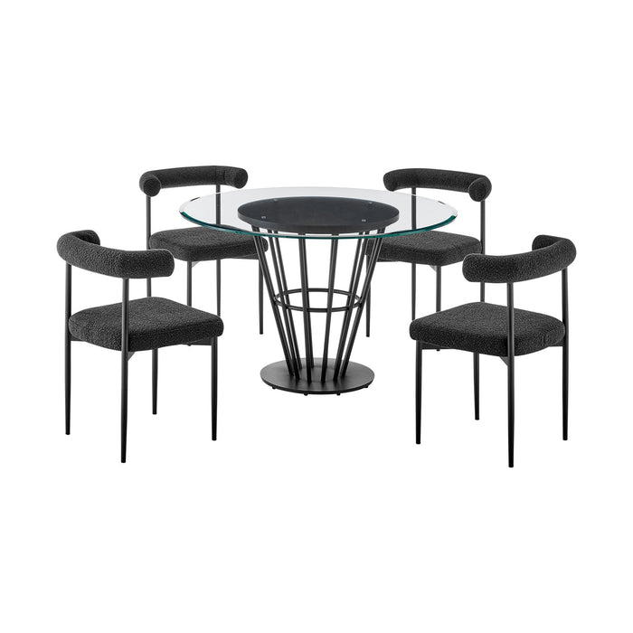 Veronica Shannon 5 Piece Round Glass Dining Table Set with Matte Black Iron and Black Fabric