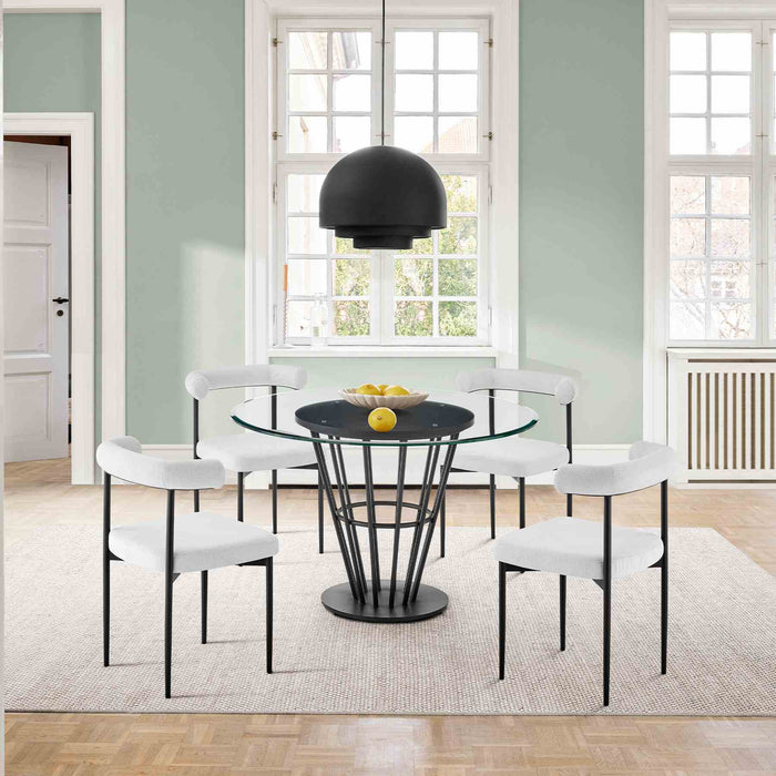 Veronica Shannon 5 Piece Round Glass Dining Table Set with Matte Black Iron and Cream Fabric