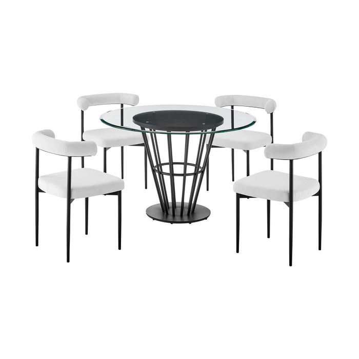 Veronica Shannon 5 Piece Round Glass Dining Table Set with Matte Black Iron and Cream Fabric