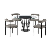 Veronica Shannon 5 Piece Round Glass Dining Table Set with Matte Black Iron and Gray Faux Leather - Furniture City (CA)l