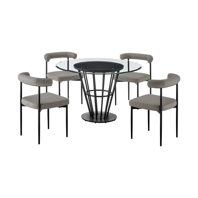 Veronica Shannon 5 Piece Round Glass Dining Table Set with Matte Black Iron and Gray Faux Leather - Furniture City (CA)l
